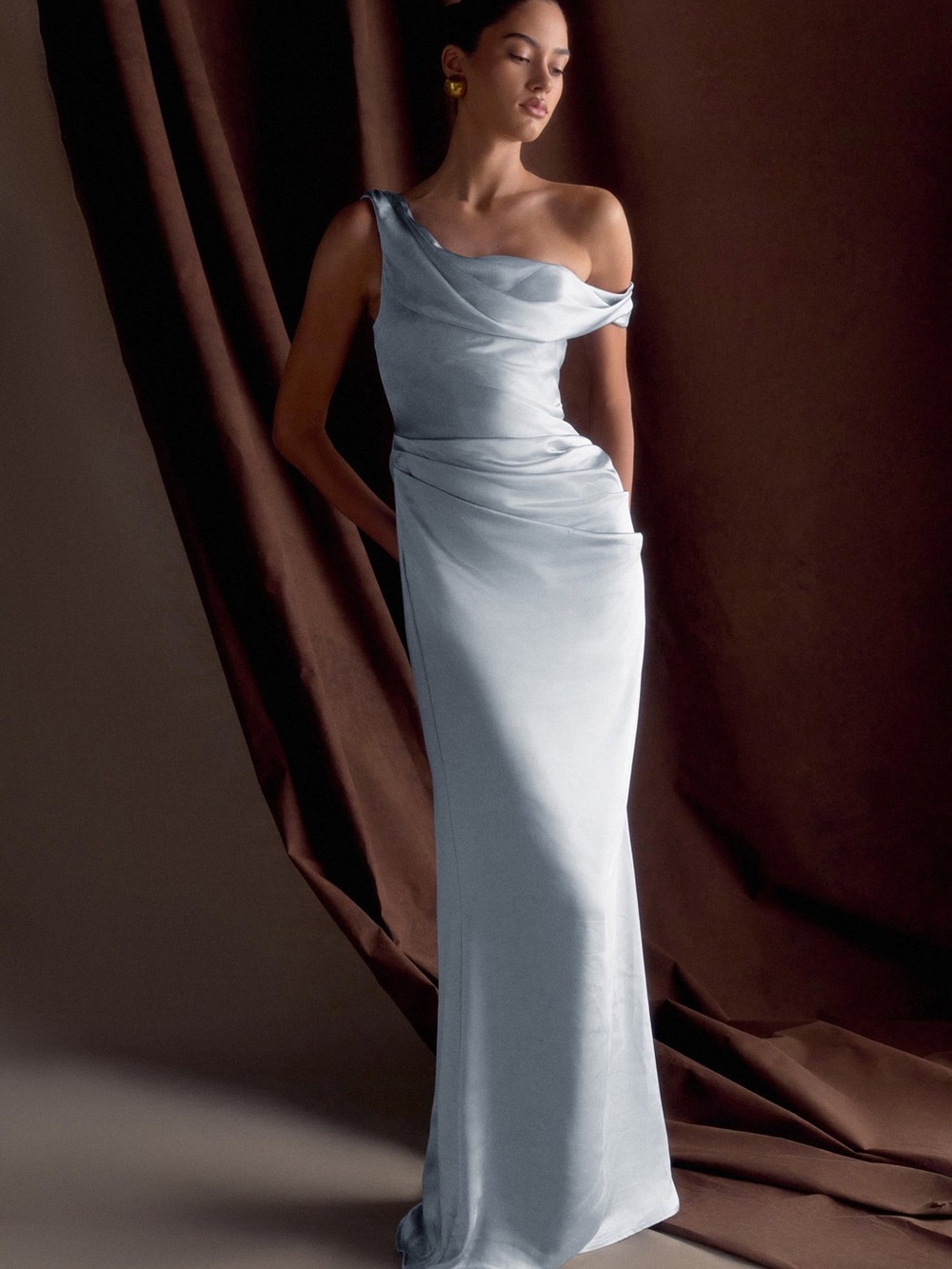 Meshki One-Shoulder Satin Gown in Light Silver Blue - Picture 1 of 8